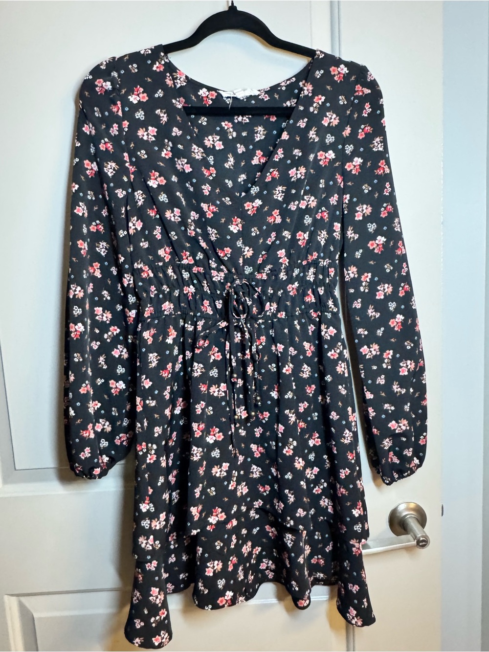 BeBop Black Long-Sleeve Floral Drawstring Waist Dress